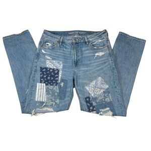 American Eagle Blue Patchwork Mom Straight Jeans